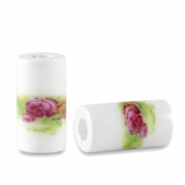 Abalorios de cer&aacute;mica tubo Blanco-verde