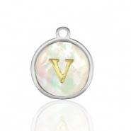 Colgantes Acero Inox 12mm concha letra V Blanco (color natural)-plateado