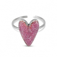 Anillos Acero Inox  esmalte coraz&oacute;n glitter Rosa bermell&oacute;n-Plato