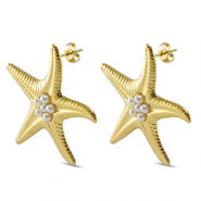 Pendientes Acero Inox estrella de mar Imitación de perlas Dorado