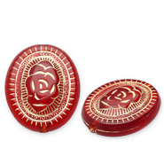 Abalorios acrílicos óvalo con flor Rojo-dorado