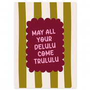 BY31® Tarjetas para joyería "May all your delulu come trululu" Verde oliva-blancuzco-rojo burdeos-rosa