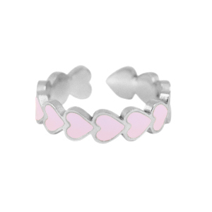 Anillos Acero Inox  esmalte coraz&oacute;n Rosa-plateado