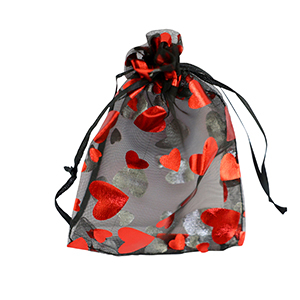 Bolso de organza 9x12cm coraz&oacute;n Negro-rojo