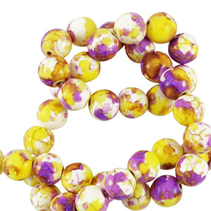 Abalorios de cer&aacute;mica 8mm Blanco-amarillo morado