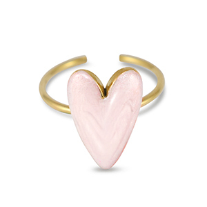 Anillos Acero Inox  esmalte coraz&oacute;n Rosa claro n&aacute;car-Dorado