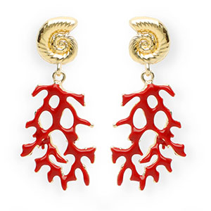 Pendientes trendy esmalte concha & coral con perno de acero inox Dorado-rojo oscuro